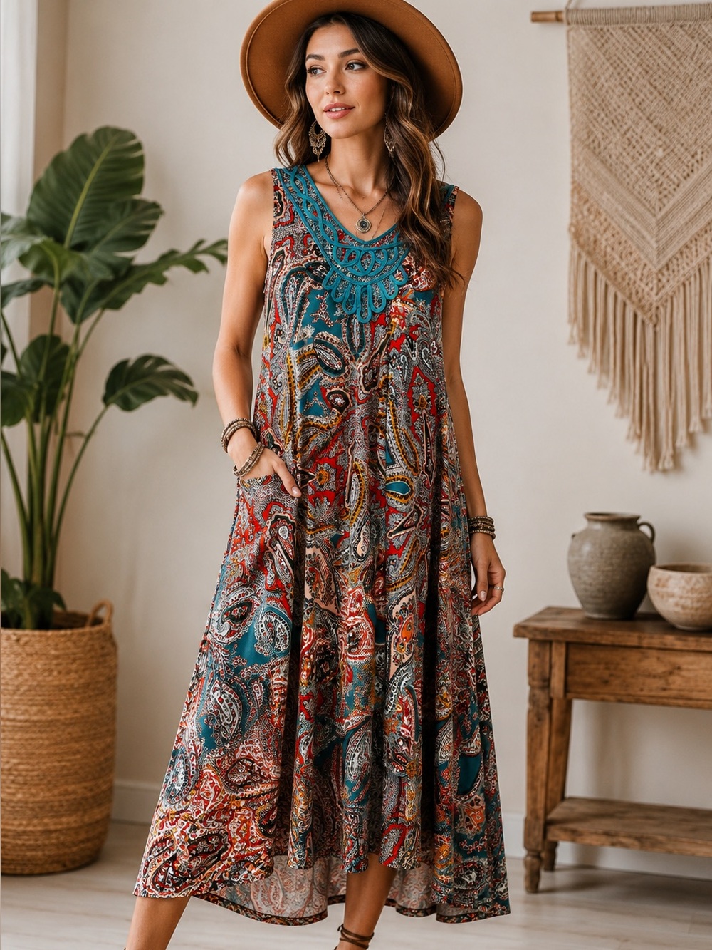 World Unity Women’s Paisley Boho Sleeveless Midi Dress Size Small